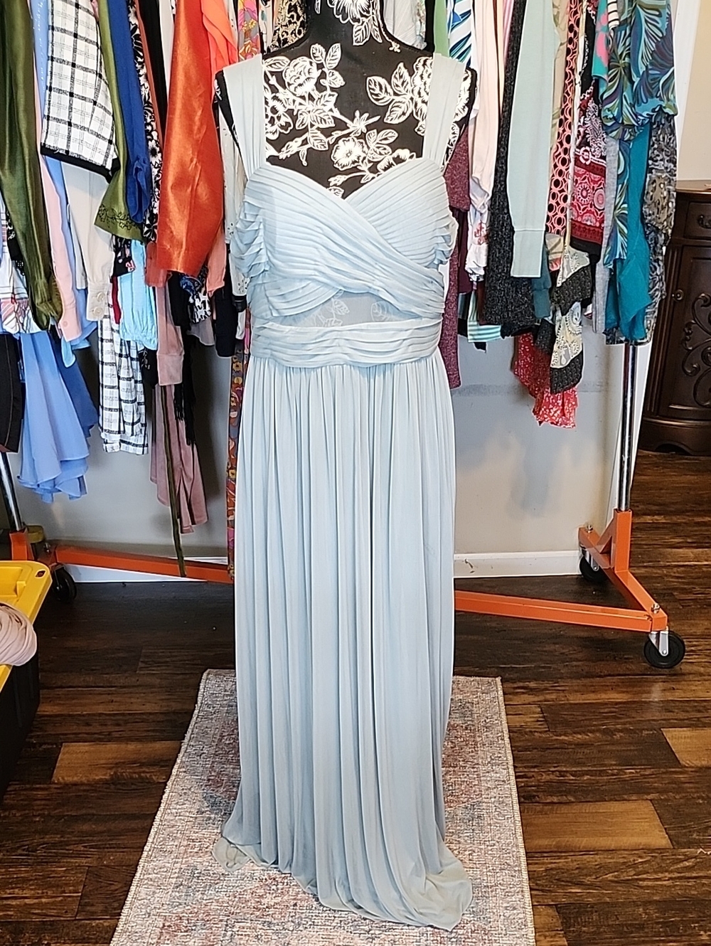 Birdy Grey Light Blue Pleated Maxi Dress with Ruched Bodice